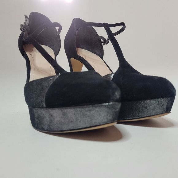 Vince Camuto Akido Leather Platform T-Strap Heels Gunmetal and Black Suede - Picture 4 of 16